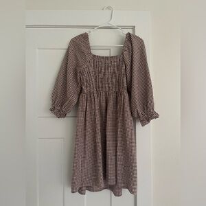 Rylee + Cru Brown Gingham puff sleeve dress size small 100% cotton